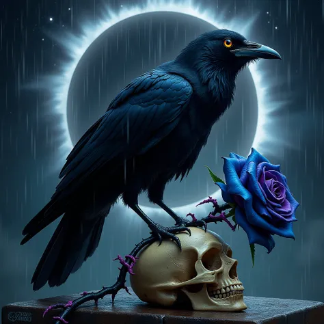  An anatomically correct carbon black raven , with its honey-colored eyes , With its wings closed, In standing position, with its head facing the upper right with its beak open ,  holding with its claws a blue and purple rose with purple thorns on its blac...