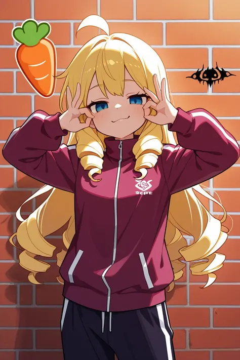 ( score_9, score_8_up, score_7_up ), ultra-detailed, detailed face, 

Solo, a girl, a smug expression, blonde, long hair, drill hair, ahoge, blue eyes, slant eyes, narrow eyes, wearing maroon long sleeves sportswear and maroon long pants sportswear, sandal...