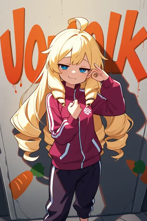 ( score_9, score_8_up, score_7_up ), ultra-detailed, detailed face, 

Solo, a girl, a smug expression, blonde, long hair, drill hair, ahoge, blue eyes, slant eyes, narrow eyes, wearing maroon long sleeves sportswear and maroon long pants sportswear, sandal...