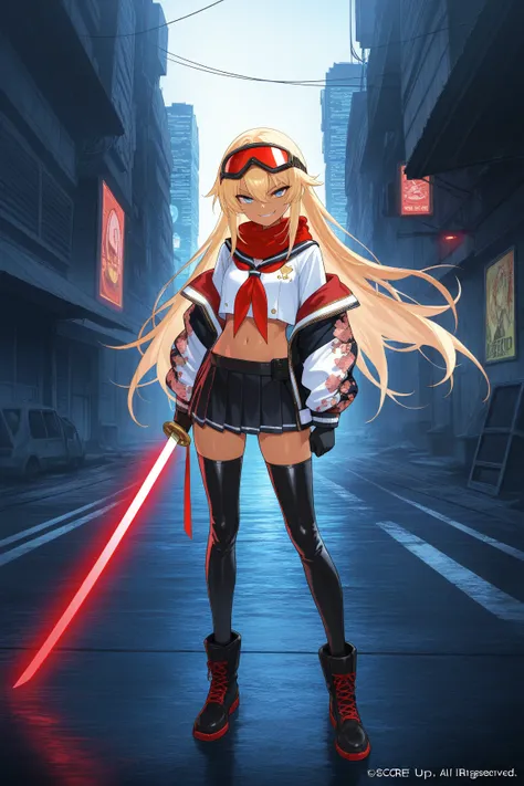 score_9, score_8_up, score_7_up, score_6_up, score_5_up, score_4_up,anime artwork masterpiece,best quality, unreal engine, ultra res, extremely detailed, One Girl,blonde hair,long hair,blue eyes,tan skin,biker goggles on head,black sailor suit,Red sailor s...