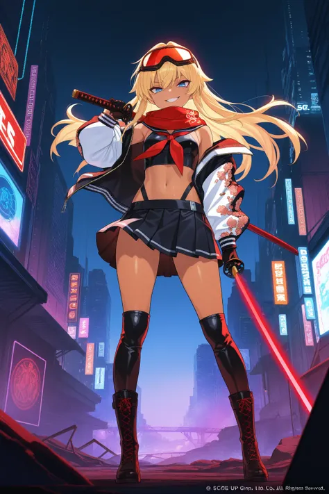 score_9, score_8_up, score_7_up, score_6_up, score_5_up, score_4_up,anime artwork masterpiece,best quality, unreal engine, ultra res, extremely detailed, One Girl,blonde hair,long hair,blue eyes,tan skin,biker goggles on head,black sailor suit,Red sailor s...