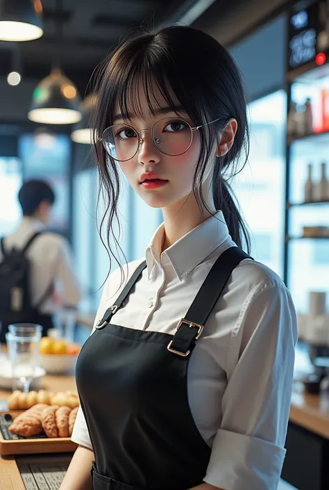 (( top quality)), ((傑 top quality、masterpiece、High sensitivity、 high resolution、 detailed description、 depicting a delicate face))Slender Woman、Glasses、 waitress、 byte destination 、