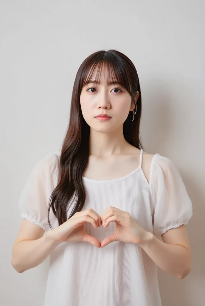  Super Fine、Picture of her face 、 and she has a smile showing her teeth,  I'm wearing a camisole ,  I'm posing with my hands crossed in the shape of a heart in front of my chest、The background is plain 、   high definition、細部にわたって  high definition