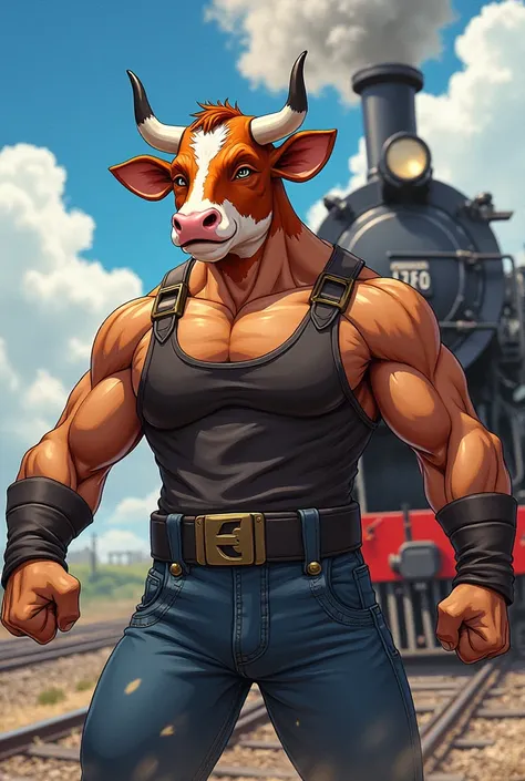 Cow Personalization　anime　Looks strong　 illustration of a train　male