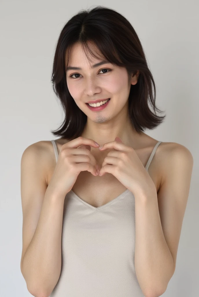  Super Fine、Picture of her face 、 and she has a smile showing her teeth,  I'm wearing a camisole ,  I'm posing with my hands crossed in the shape of a heart in front of my chest、The background is plain 、   high definition、細部にわたって  high definition