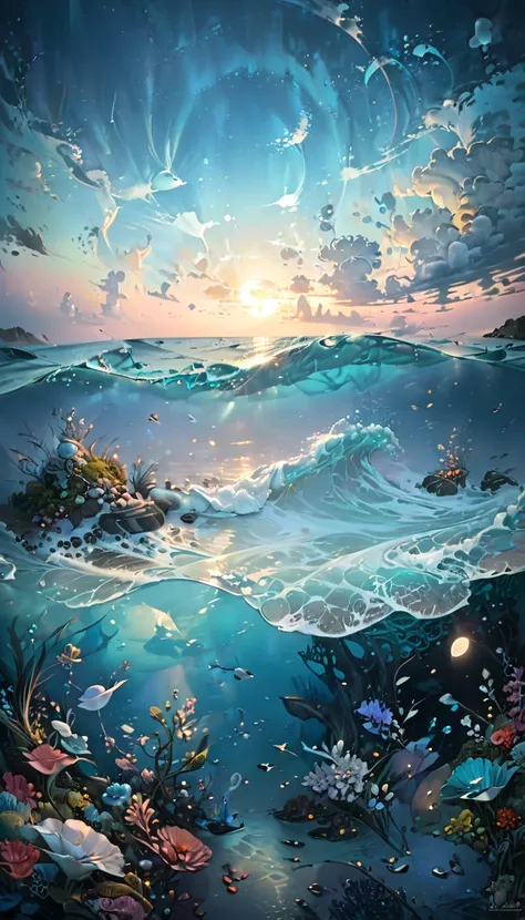 A fantastical seascape with a mystical and serene atmosphere, dominated by soft pastel colors, especially shades of pale blue. The scene features an ethereal, magical ocean with no people, illuminated by a glowing moon casting a gentle light over the water...