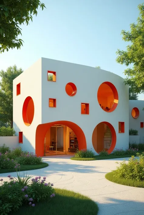 A one-story building for a book-centered kindergarten with an area of 500 square meters, inspired by the geometric shapes of circles, rectangles, and squares.