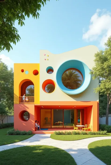 A one-story building for a book-centered kindergarten with an area of 500 square meters, inspired by the geometric shapes of circles, rectangles, and squares.