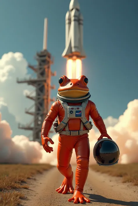 Create a NASA center for me with a rocket behind it during launch and in front walking a frog dressed as an astronaut with a slender muscular figure in its arms, a helmet ready for a red frog, however ready for launch.