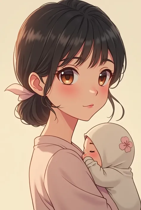 Anime style young mom with single frame realistic art style 