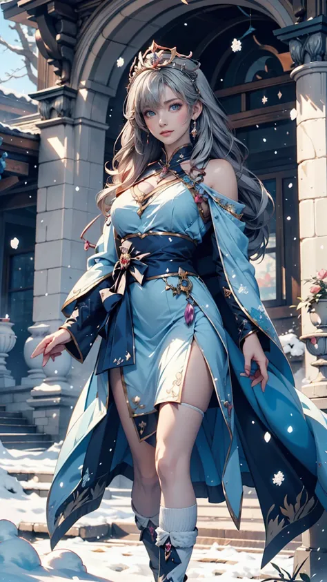  Anime girl in the snow with long gray hair and blue dress, White-haired goddess,  Kicking white hair  ,  Anime Fantasy Illustrations ,   flowing white hair  ,  beautiful young wind spirit,  beautiful fantasy anime ,  Glowing Flowing Hair  , Ethereal Anime...