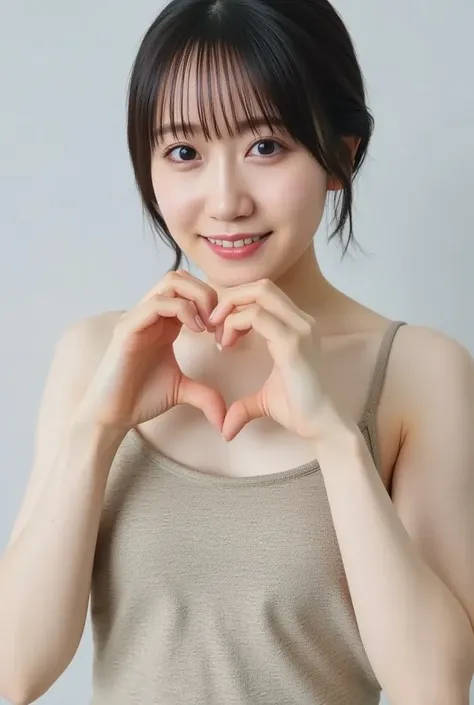  Super Fine、Picture of her face 、 and she has a smile showing her teeth,  I'm wearing a camisole ,  I'm posing with my hands crossed in the shape of a heart in front of my chest、The background is plain 、   high definition、細部にわたって  high definition