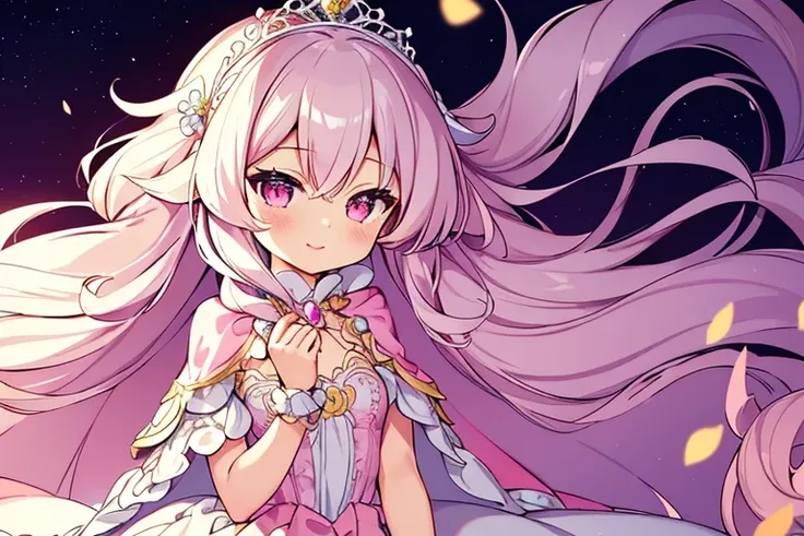 (solo), focus on character, (kawaii), (masterpiece), (best quality), (ultra detailed face), (rococo style gown), (long train pastel pink cape:1.3), (long train white ball gown:1.1), wide flared skirt, gown with flower decorations, (a girl is wearing a long...