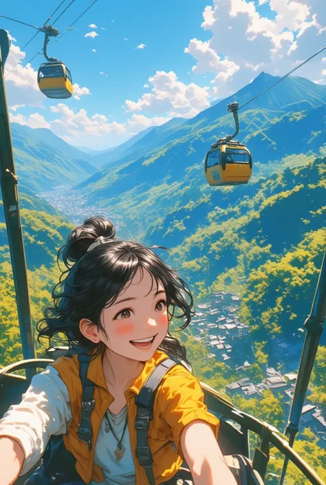 pop, subtle color,cable car that runs through the mountains of Japan.girl is riding in cable car,cute,detailed face,(tween),nice travel, beautiful detailed scenery, beautiful lighting,very happy,dynamic pose,photographic portrait, sharp,