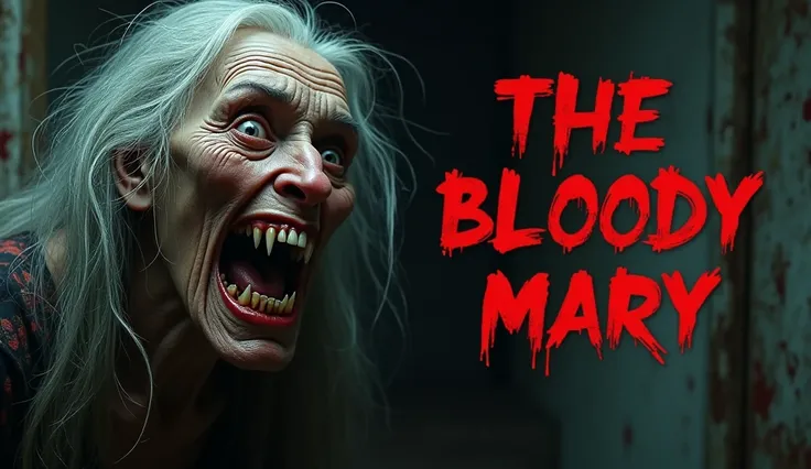 Horror old woman with big horrible teeths and hairs and also write "The Bloody Mary" in red haunted style
