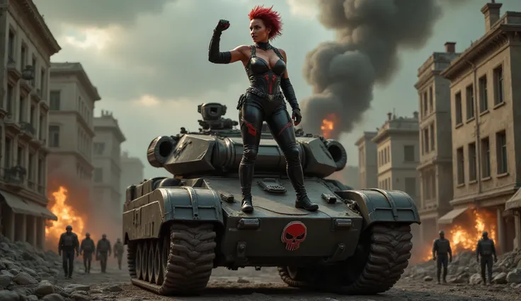 "A fierce woman with striking red skin and an edgy short haircut, Red Skullina, stands atop a towering Hydra tank as it rolls through a devastated city. She wears a sleek black tactical suit adorned with the Hydra emblem, and her expression is triumphant a...