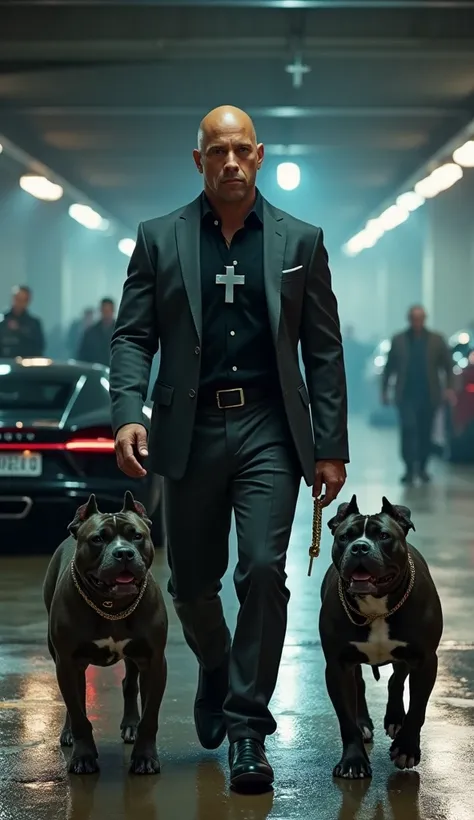  A realistic illustration of actor Vin Diesel in his role as Dominic Toretto ,  walking steadily a dark underground parking lot ,  with the sound of engines roaring in the background .  Toretto wears a dark gray suit of perfect cut ,  with a black shirt wi...