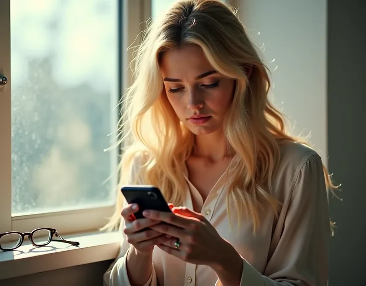 Beautiful blonde woman、sad face、Playing games on a smartphone、 in a bright room、 glasses in the window