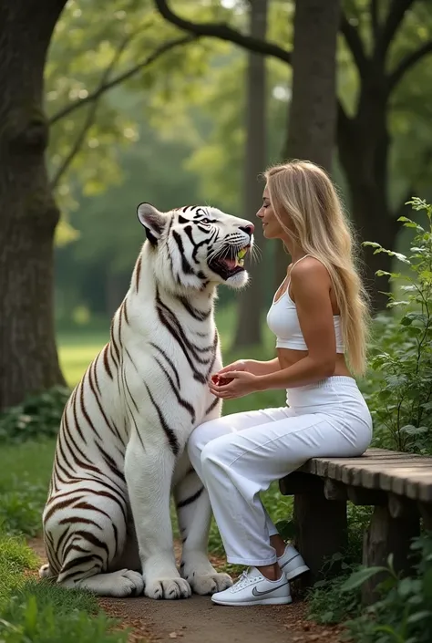 In a lush park with shady trees and winding paths, a beautiful woman with long hair sits on a wooden bench. She is dressed in all white, with long pants and Nike sports shoes. A majestic white tiger emerges from the bushes and approaches her. The woman loo...