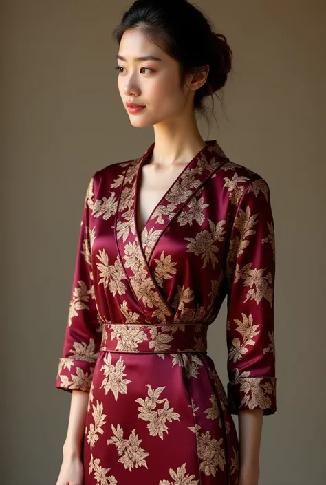 A young woman wearing a luxurious A-line dress made of high-quality brocade fabric in deep burgundy as the base color. The dress features intricate gold floral patterns with ivory accents, creating a striking contrast. The V-neckline and three-quarter slee...