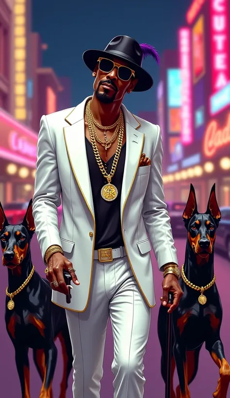 A realistic illustration of rapper Snoop Dogg walking elegantly and confidently down a neon-lit street in Las Vegas.  Snoop Dogg wears a luxurious white suit with gold lines ,  an open black shirt showing thick gold chains encrusted with diamonds and a rin...