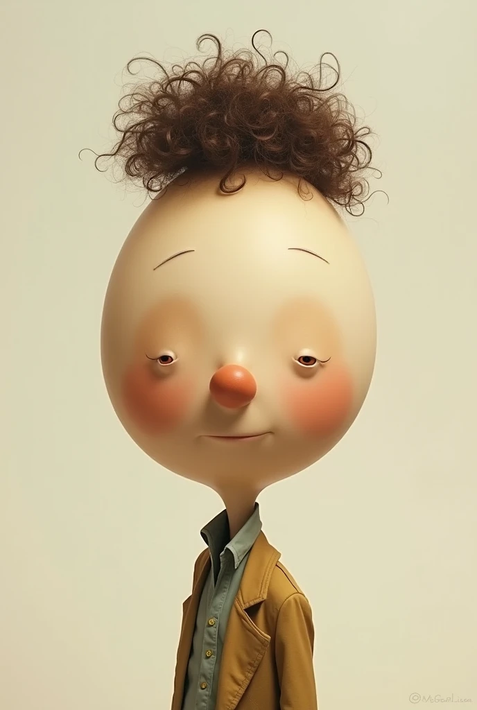 Create a drawing of an egg-headed man, with some curly hair in the center 