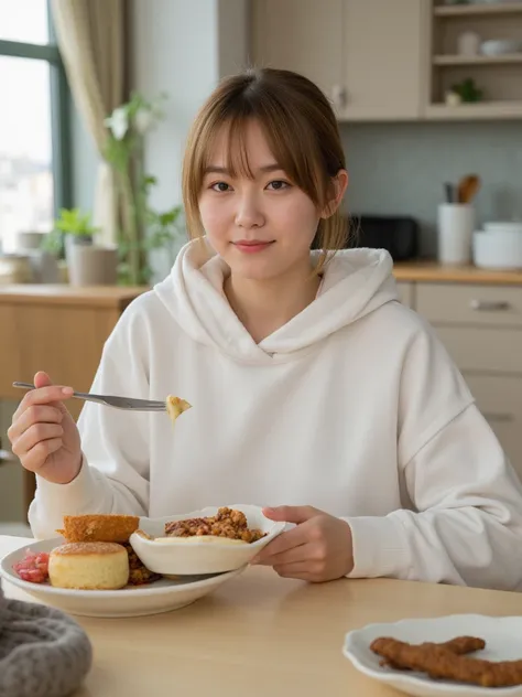       adult girl    、  hoodie、    white high socks　
   dining kitchen、 table、Western Food 