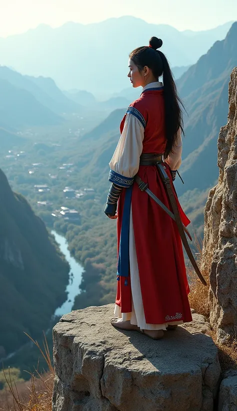 A strikingly beautiful, sexy, big boobs North Korean assassin from the 13th century stands confidently on the edge of a towering cliff overlooking a vast and serene valley. Her outfit, designed for agility and speed, is a sleek combination of traditional K...