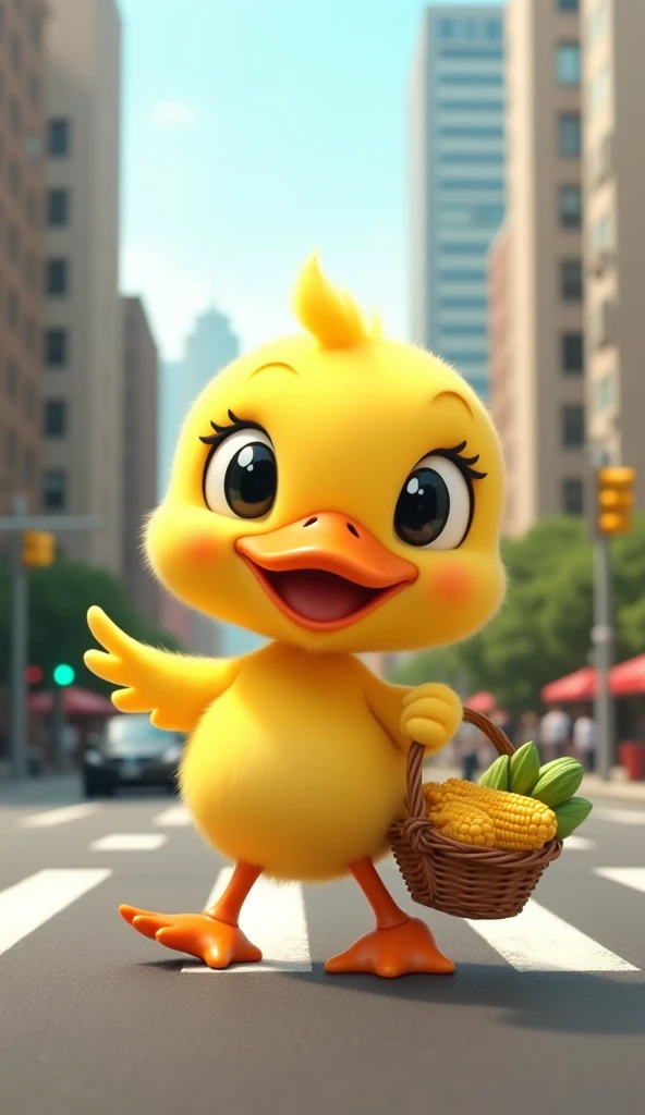 "A cute and cheerful yellow duck is walking through a city street, holding a small basket of fresh CORN on one of its wings. The duck has big, expressive eyes and a cheerful smile, creating a cute and cheerful atmosphere. The background shows a bustling ci...