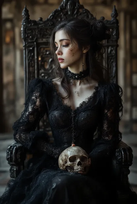 A love that transcends time, High Quality Image, uncensored, 1 Girl, solo, beautiful woman, queen of the night, empress of darkness, long black hair tied back in a bun, long eyelashes, red eyes, half closed, detailed face and eyes, mole under eye, moist li...