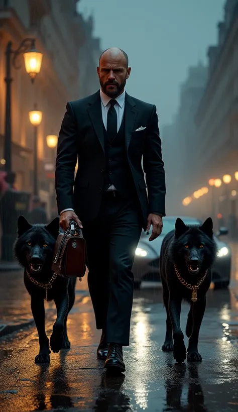  A realistic illustration of actor Jason Statham walking down a dark London street in the rain ,  with lantern lights reflected in the puddles . Jason Statham wears a tight black suit ,  with a white shirt and a thin black tie ,  giving him an elegant but ...