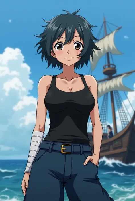 Screenshot of One Piece,  short haired girl a little above the shoulders ,  somewhat messy with a natural and free style .  Its color is dark , Between black and brown. He has expressive eyes in black and light brown.,  is somewhat smiling and is wearing a...