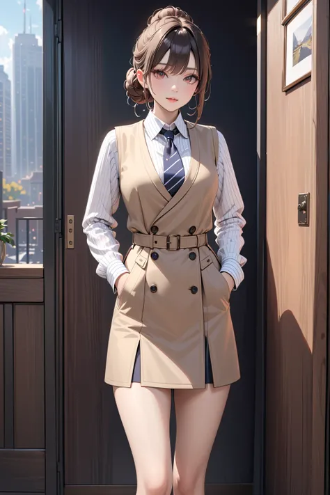 (masterpiece, best quality:1.5), (ultra detailed, high resolution, 8k, beautiful detailed, UHD, best anatomy), Classic Updo Hair, 1 girl, Winter Trad Style, Striped shirt, wool vest, tight skirt, loafers, trench coat, full body shot