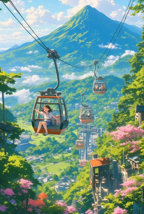 pop, subtle color,cable car that runs through the mountains of Japan,Mt. Takao.girl is riding in cable car,cute,detailed face,(tween),nice travel, beautiful detailed scenery, beautiful lighting,very happy,dynamic pose,photographic portrait, sharp,