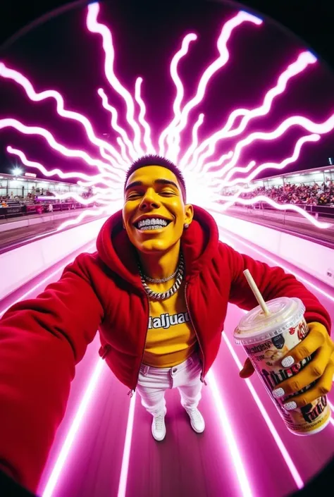 gr!llz, photograph An ultra-realistic, first-person view (FPV) of human-like character inspired by sci-fi aesthetics. The perspective shows the viewer's hands reaching forward, one hand holding an intricately detailed tropical fruit and icecream drink. The...