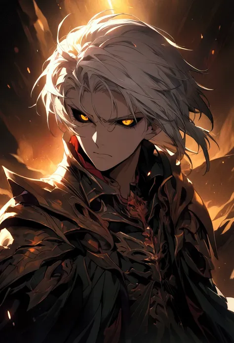 (master piece), best quality, ultra-detailed, illustration, warm lighting, soft lighting, bright colors, 1 adult guy, anime character with white hair with red tips, shadowverse style, black overcoat, serious, yellow eyes, black sclera.