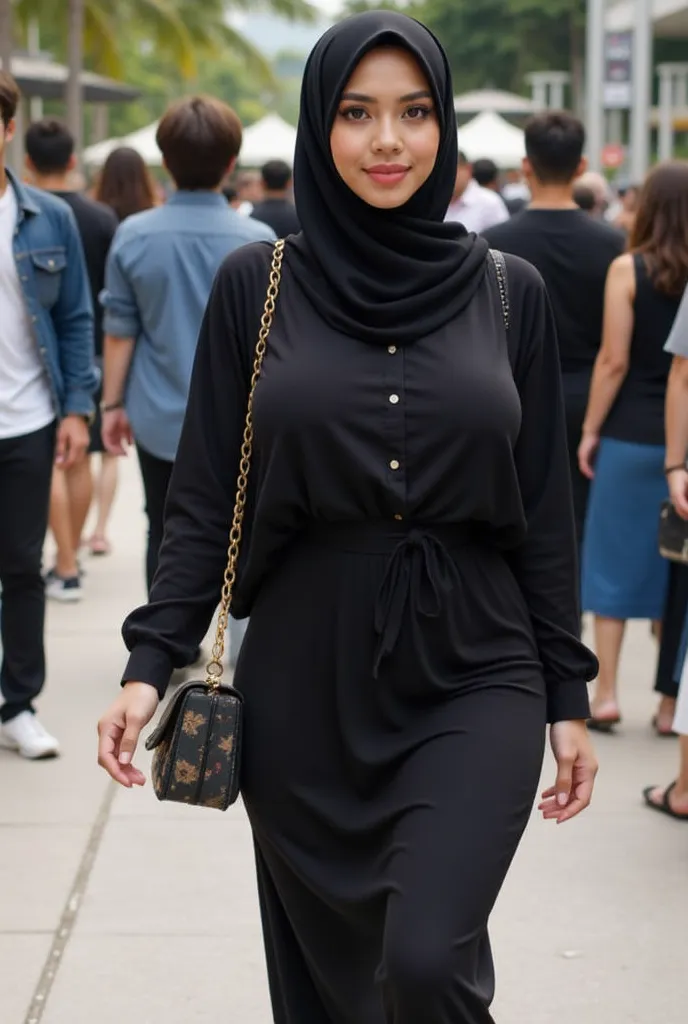 Hot and sexy indonesia hijab Woman, sexy  walking In public, ((tigh thin long dress:1.5)), ((wide hips:1.5)), candid:1.2