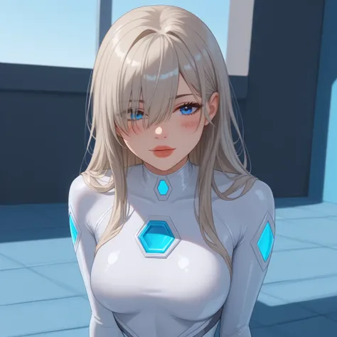 1girl, Solo, Long Hair, Breasts,  Blush, Glossy Lips, Ice Blue Eyes, Cute Pretty Face, Long hair, Silver Platinum Blonde Hair, Bangs, Hair Between Eyes, Hero Suit, costume mask over eyes, Simple background, Sitting on roof, High Resolution, Anatomically Co...