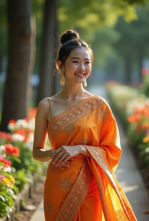 The image shows a beautiful Thai woman. has an elegant appearance Dressed in traditional Sukhothai clothing. Her outfit is decorated with intricate patterns. It has an orange hue that shimmers gracefully in the soft sunlight. She was walking past the quiet...