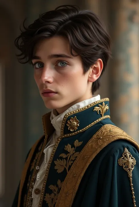 A young man of about 15-, with sharp features, pale skin, and deep blue eyes (from spice exposure). He has short, dark brown hair and a noble, yet thoughtful expression. He wears the formal attire of a noble house, with intricate designs indicative of his ...