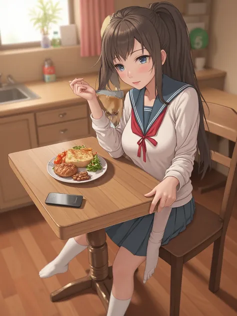        adult female    、   high school student uniform、      white high socks　
     dining kitchen、   table、Western Food   