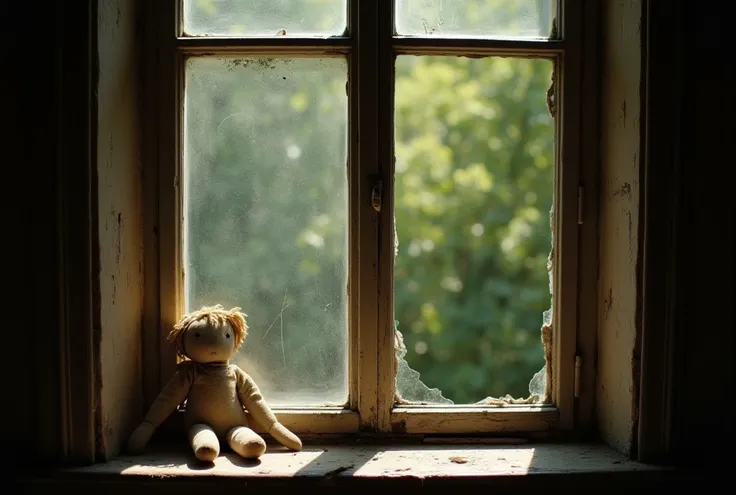  An old window with a framed of worn wood ,  illuminated by a ray of sunlight that enters softly ,  casting shadows on the ground .  On the window sill there is an old rag doll ,  with muted and slightly worn colors , symbolizing hood .  Outside the window...