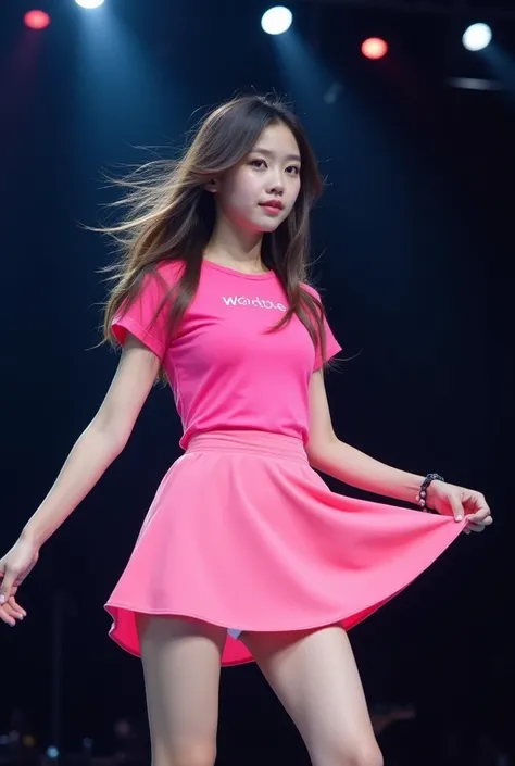 A medium shot of an Asian cute girl wearing a short K-pop skirt. The wind is blowing her skirt up, revealing her white panties. The girl has a bright pink outfit and is standing on a stage. The background is dark and has a few spotlights shining on the gir...