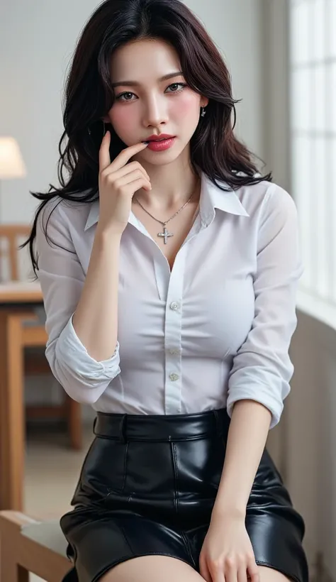    A 25-year-old office lady, sitting in front of , full body view,  using white formal shirt,  black formal skirt bottoms , sweating a lot,  using a cross necklace , dark red lips , long wet hair,  wet whole body , lip biting finger , seductive expression