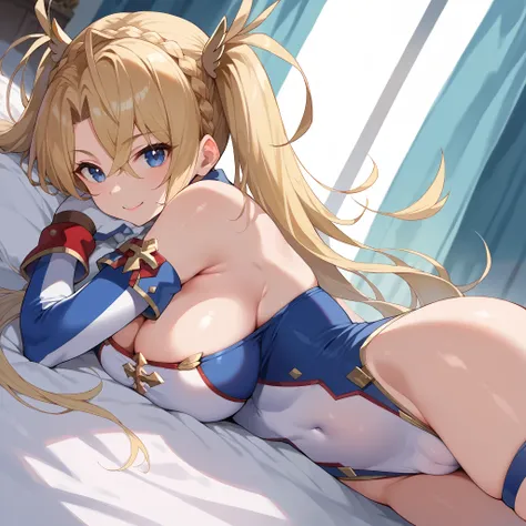 score_9, score_8_up, score_7_up, source_anime,
bradamante, bradamante, blonde hair, blue eyes, braid, french braid, long hair, twintails, two side up,large breasts,
covered navel, elbow gloves, gloves, leotard, thigh strap,cameltoe,(upper body:1.3),smile,o...