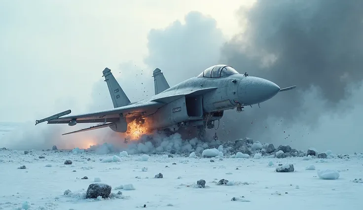 A massive fighter jet crashes violently into a thick layer of ice, resulting in a catastrophic explosion. The aircraft is severely damaged, with crumpled wings and a broken fuselage, as debris scatters across the icy landscape. Smoke billows from the wreck...