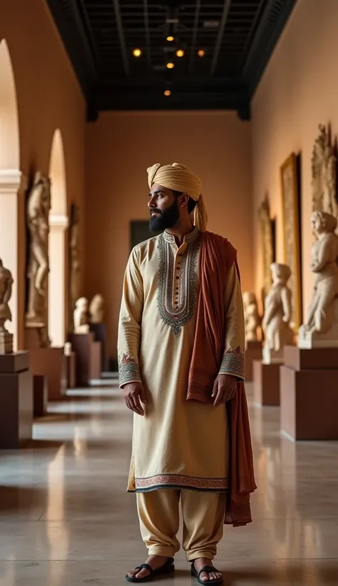 প্রমপ্ট:
"Inside a museum, a Muslim man stands, dressed in traditional attire. His outfit is a combination of a long, flowing kurta, with intricate embroidery, and a turban, reflecting the cultural heritage. The museum is filled with historical artifacts, ...