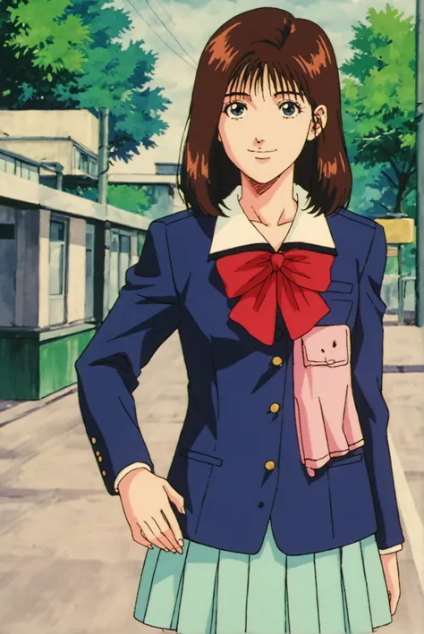 best quality,masterpiece,looking at viewer,absurdres,1girl,depth of field,score_9,score_8_up,score_7_up,source_anime BREAK 1990s \(style\),retro artstyle,akagi haruko,blue eyes,brown hair,medium hair,school uniform,jacket,blue jacket,blazer,red bow,bow,ski...