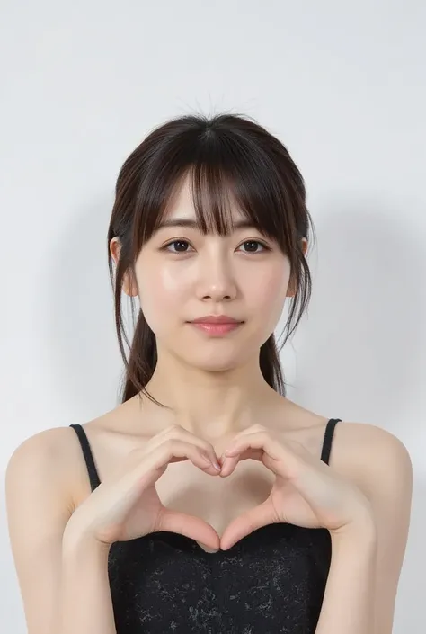  Super Fine、Picture of her face 、 and she has a smile showing her teeth,  I'm wearing a camisole ,  I'm posing with my hands crossed in the shape of a heart in front of my chest、The background is plain 、   high definition、細部にわたって  high definition