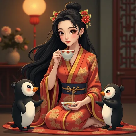 A girl with black hair in Chinese clothes is drinking alcohol。 There is a cute penguin and a cute panda at their feet。Two animals are playing with a chariot toy。